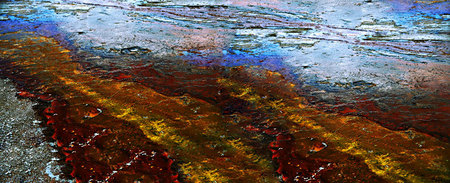 Color Stream-Pigment print on canvas embellished with acrylic paint, sand, and gold, copper & silver leaf