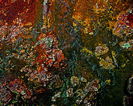 Molton Crust-Pigment print on canvas embellished with acrylic paint, sand, and gold, copper & silver leaf