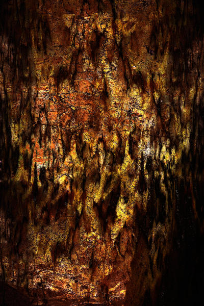 Asunder--Pigment print on canvas embellished with acrylic paint, sand, and gold & copper leaf