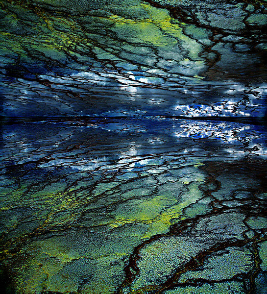 Lost Horizon-Pigment print on canvas embellished with acrylic paint, sand, and gold, copper & silver leaf