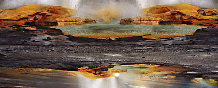 Hidden Vent-Pigment print on canvas embellished with acrylic paint, sand, and gold, copper & silver leaf