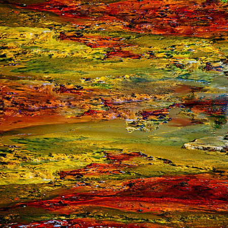 Prismatic Flow-Pigment print on canvas embellished with acrylic paint, sand, gem stones, and gold, copper & silver leaf