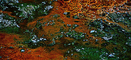 Molton Crust-Pigment print on canvas embellished with acrylic paint, sand, and gold, copper & silver leaf