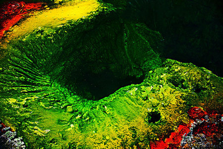 Firehole Suberged-Pigment print on canvas embellished with acrylic paint, sand, and gold, copper & silver leaf 